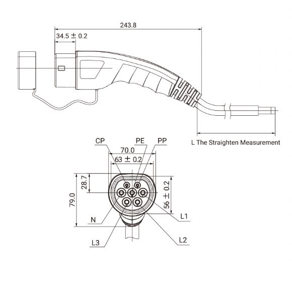 Enchufe AC Tipo 2 para vehículos eléctricos,1/3 fase,16/32A, ECO - EU-A02